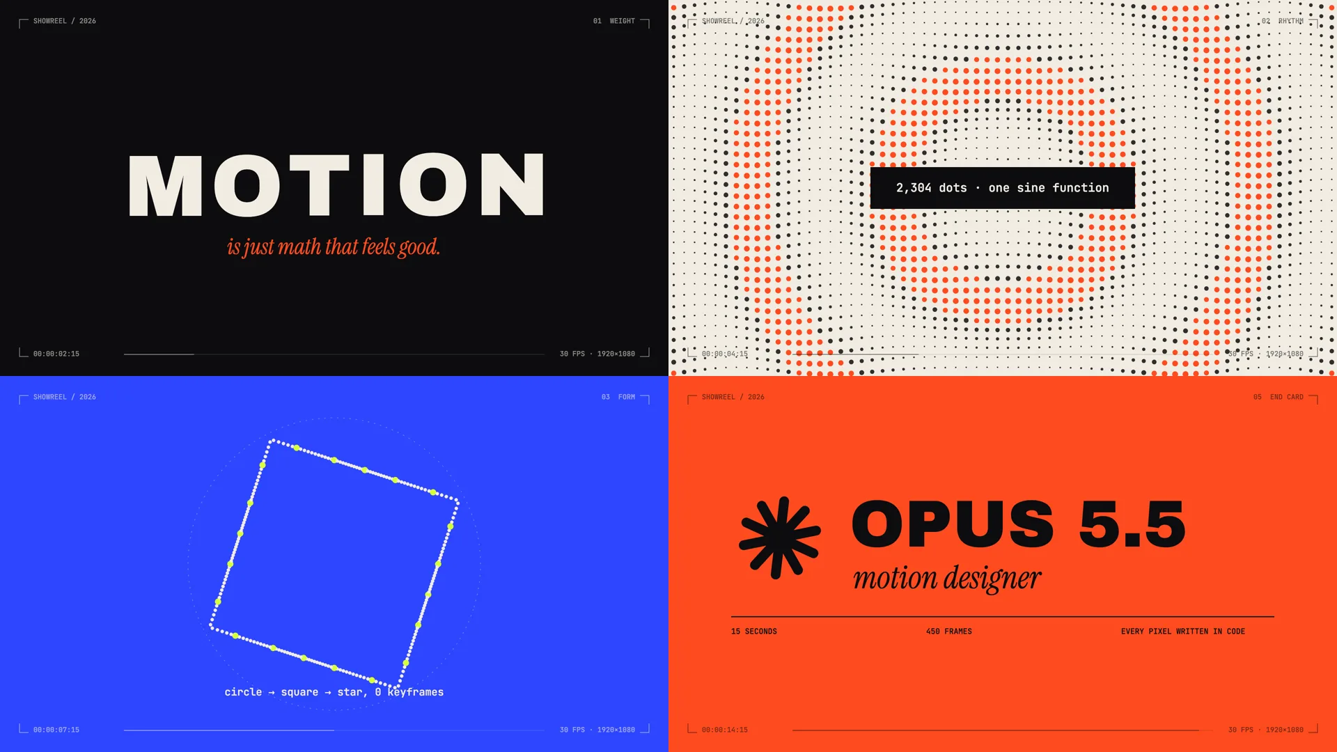 Four frames from a 15-second motion graphics reel written by Claude Opus 5.5: kinetic type, a dot-grid wave, a morphing shape, and an end card