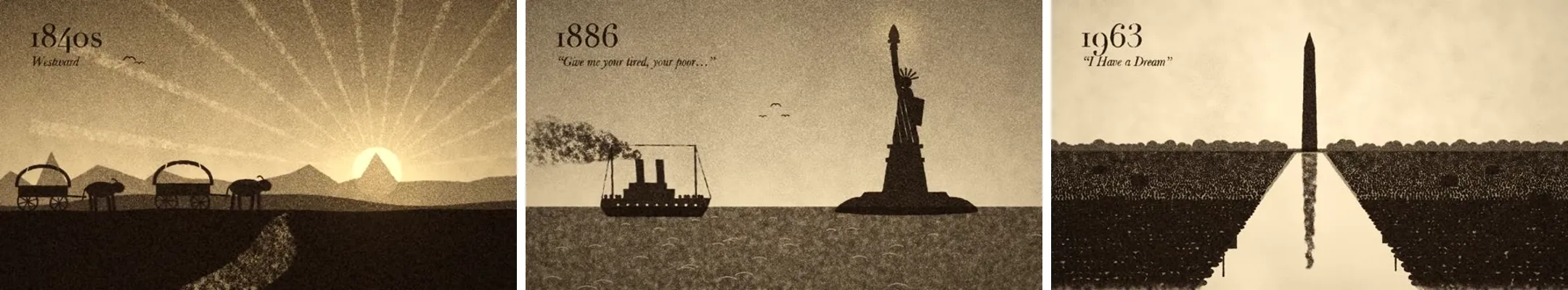 Three frames from Michael Guo’s sepia sand animation: covered wagons heading west in the 1840s, a steamship passing the Statue of Liberty in 1886, and crowds at the Washington Monument in 1963