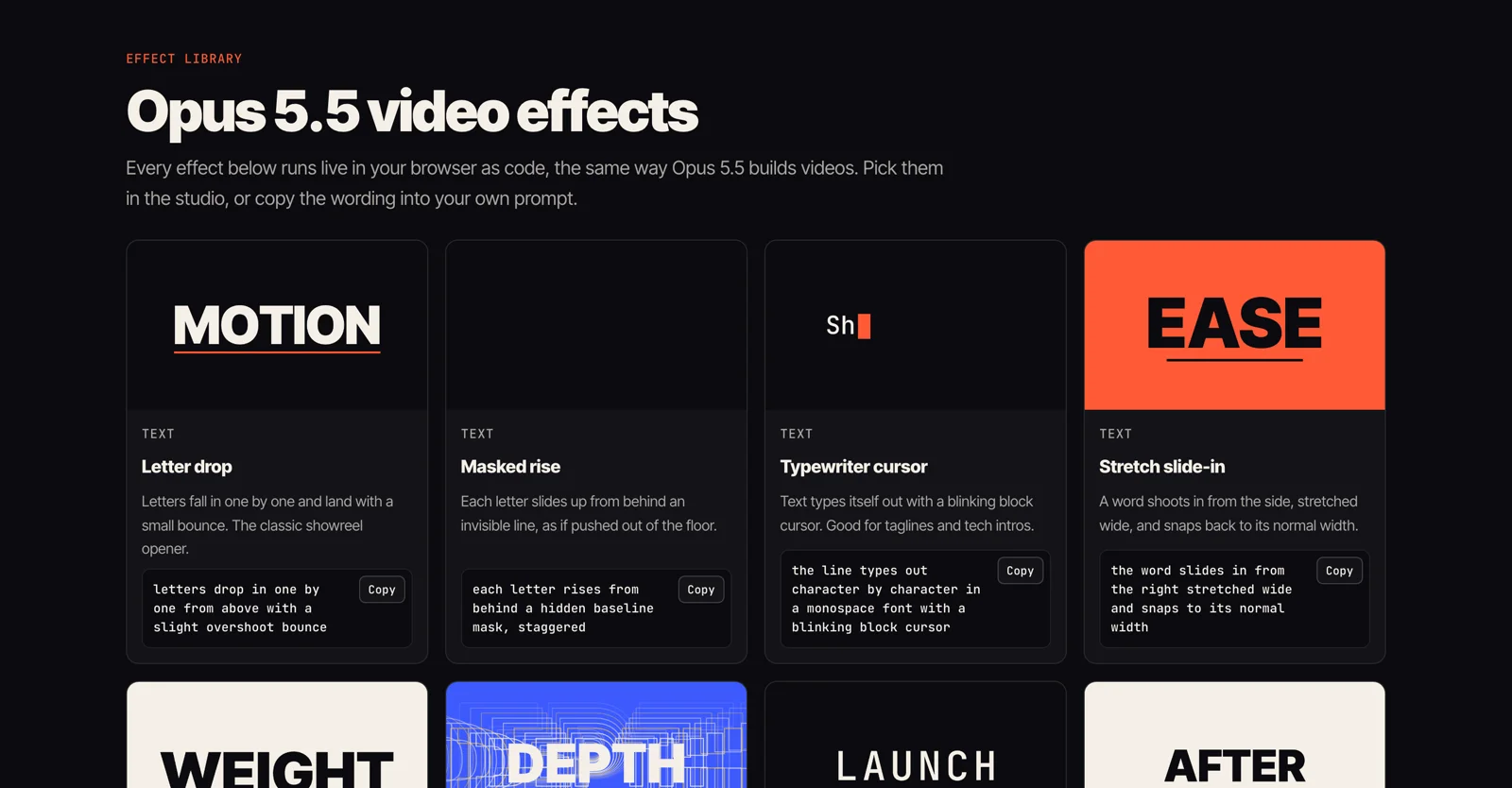 The Claude Motion Video effect library showing four text effects: letter drop, masked rise, typewriter cursor, and stretch slide-in, each with copyable prompt wording