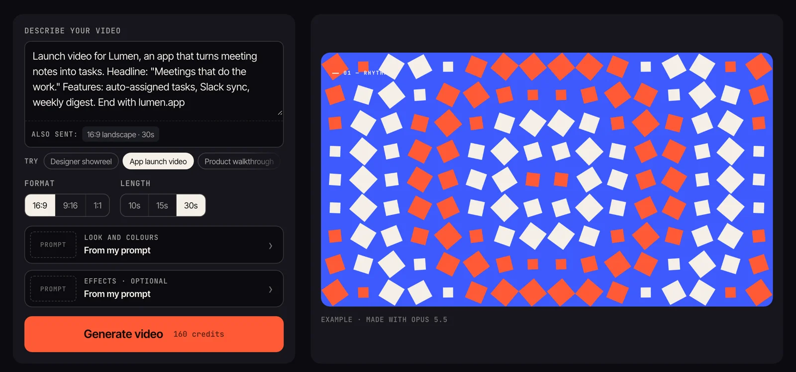 The Claude Motion Video generator with the App launch video template loaded: a prompt for an app called Lumen, 16:9 format, 30-second length, and a Generate video button