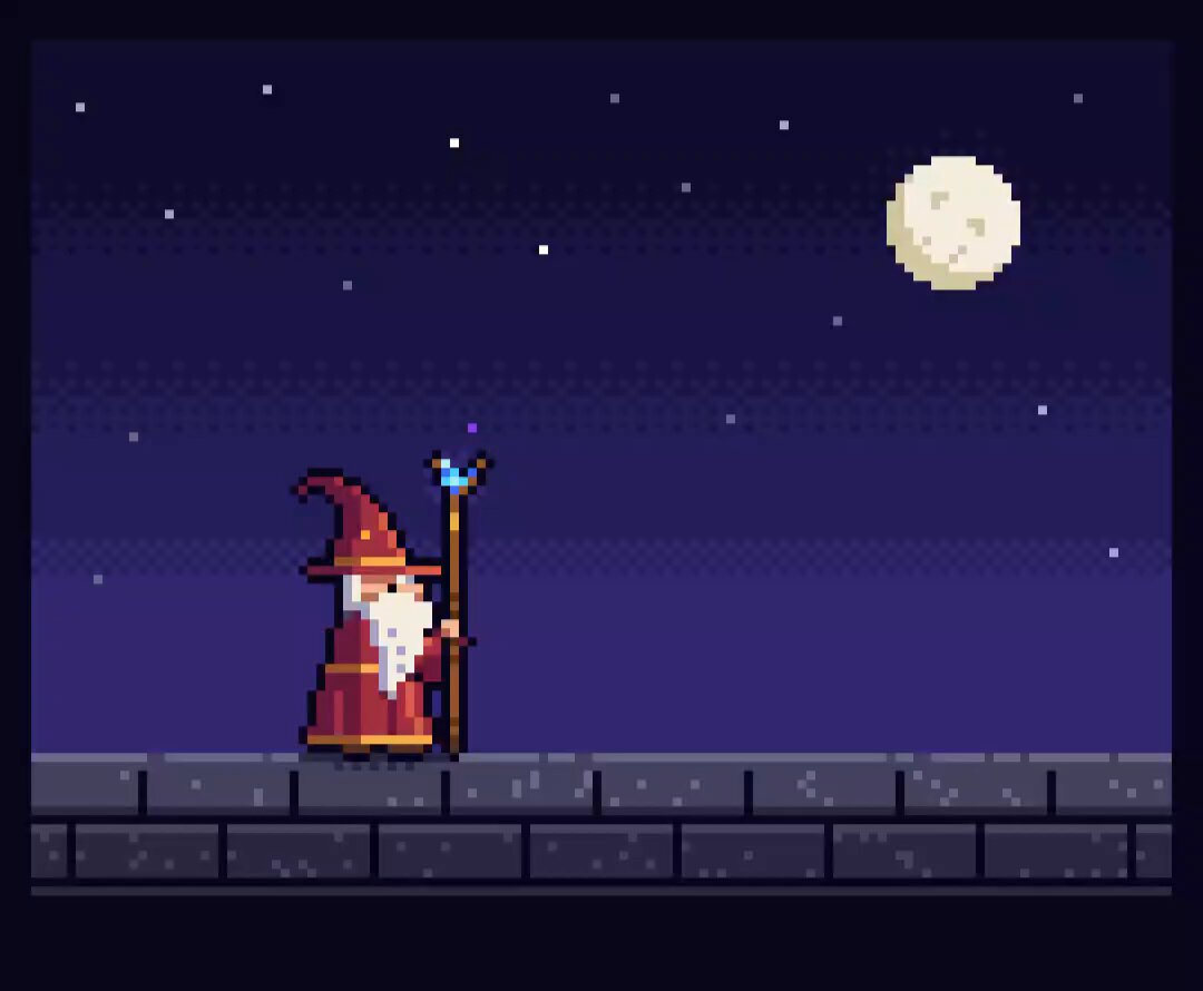 Create a single self-contained HTML file that renders an animated pixel art wizard castin…