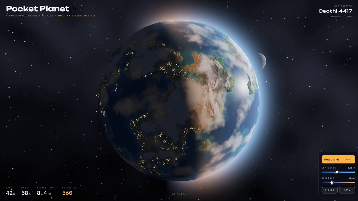 i asked opus 5.5 to build me a planet. not a picture of a planet. a whole planet. it wrot…