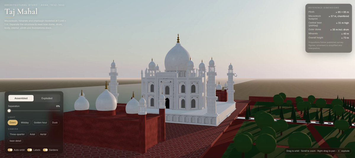 I asked Opus 5.5 to generate a realistic 3D model of the Taj Mahal Dome, minarets, marble…