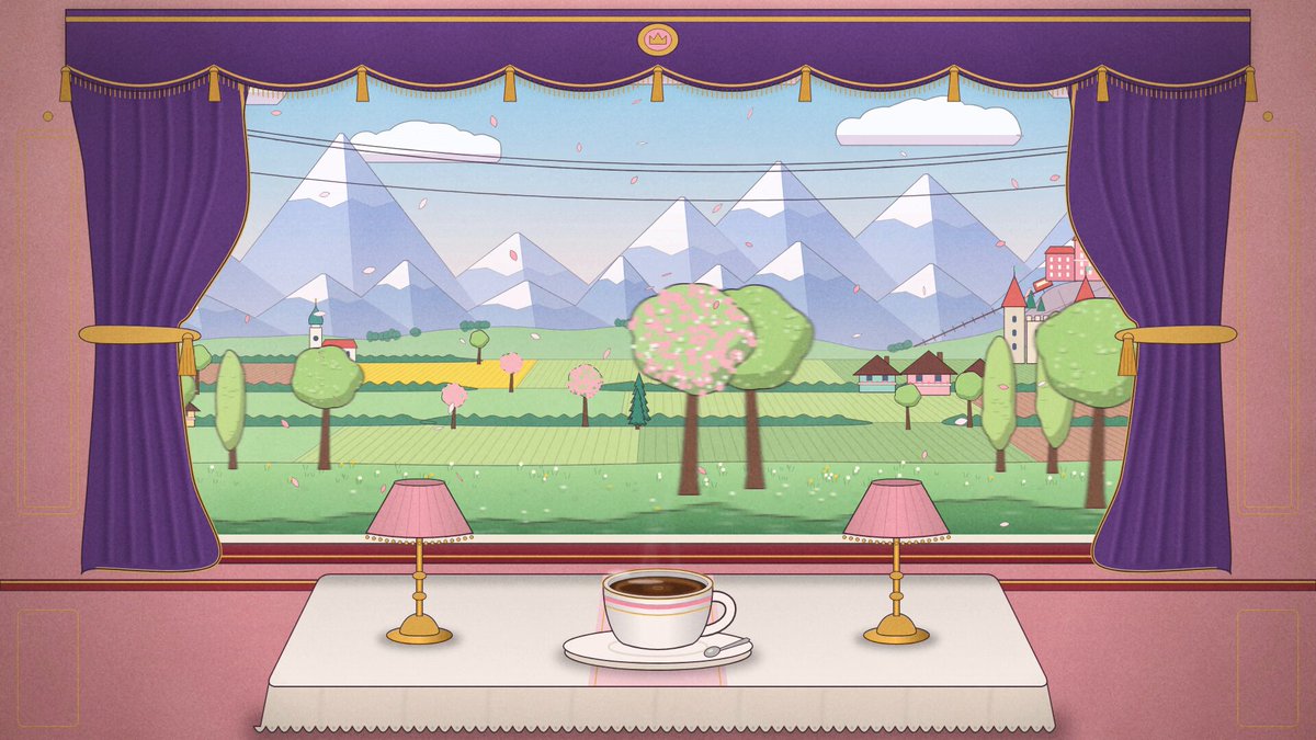 4 seasons passing outside a train window, a cozy carriage, a cup of coffee on the table, …