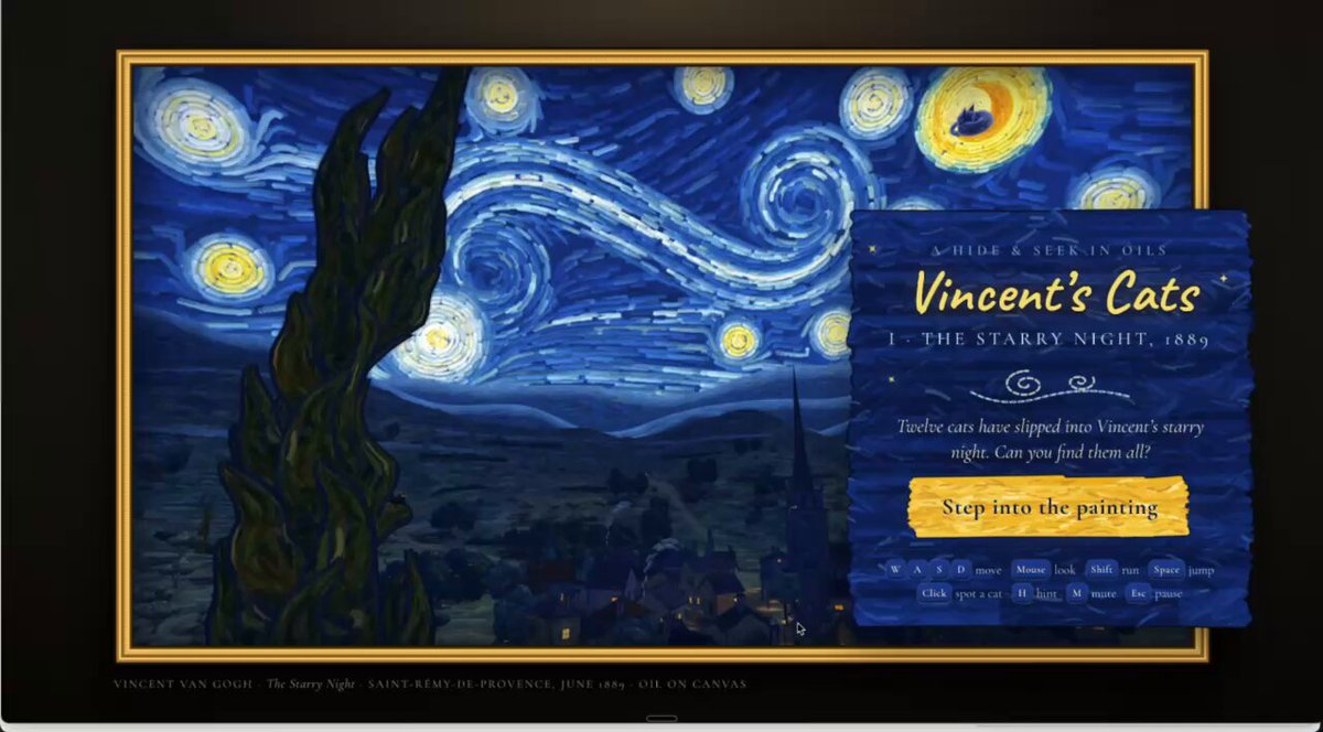 can you make a 3d game where you walk around and spot cats inside of a van gogh painting?…