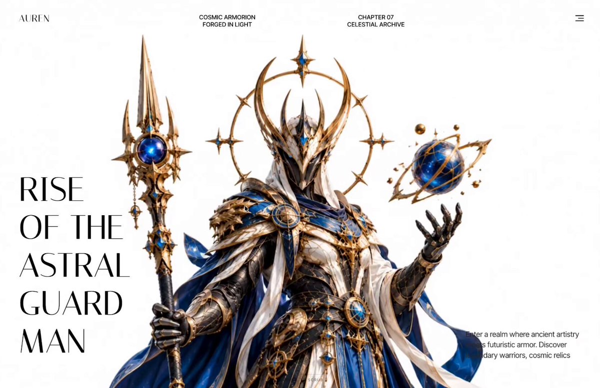 # Auren Header A cinematic, scroll-scrubbed 3D hero header for the luxury/fantasy brand "…