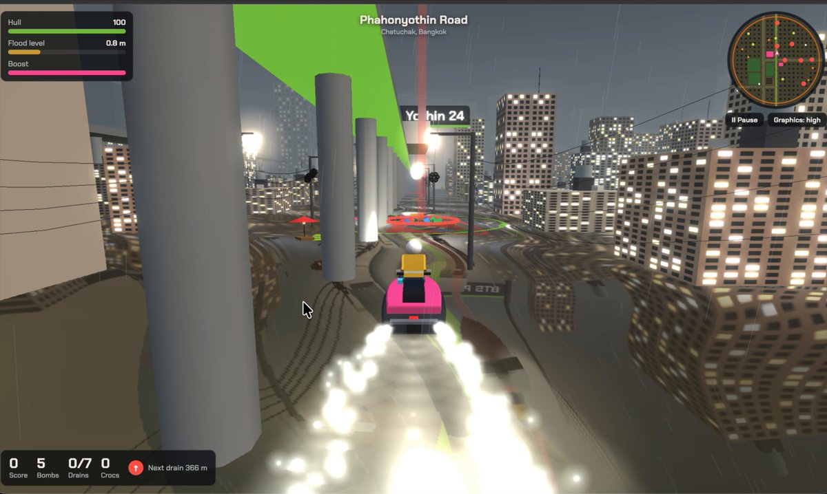 Ladprao Jet ski game based on the Bangkok floods. Clear the drains and fight the crocs. M…